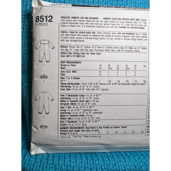 Simplcity 8512 toddlers jumpsuit romper hat headband size 2-4 - Picture 4 of 5